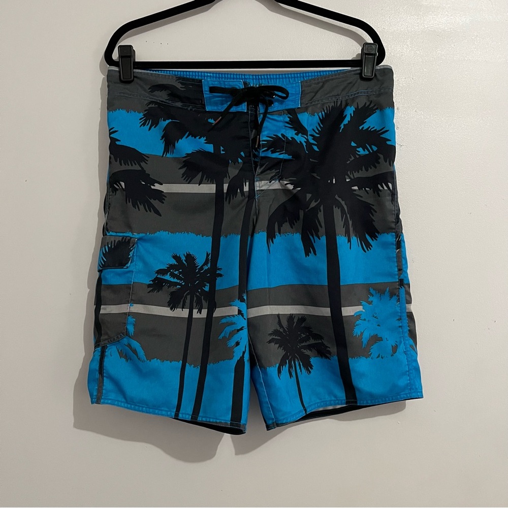 Tony Hawk Blue and Black Board Shorts with Palm Tree Design Medium swim trunks